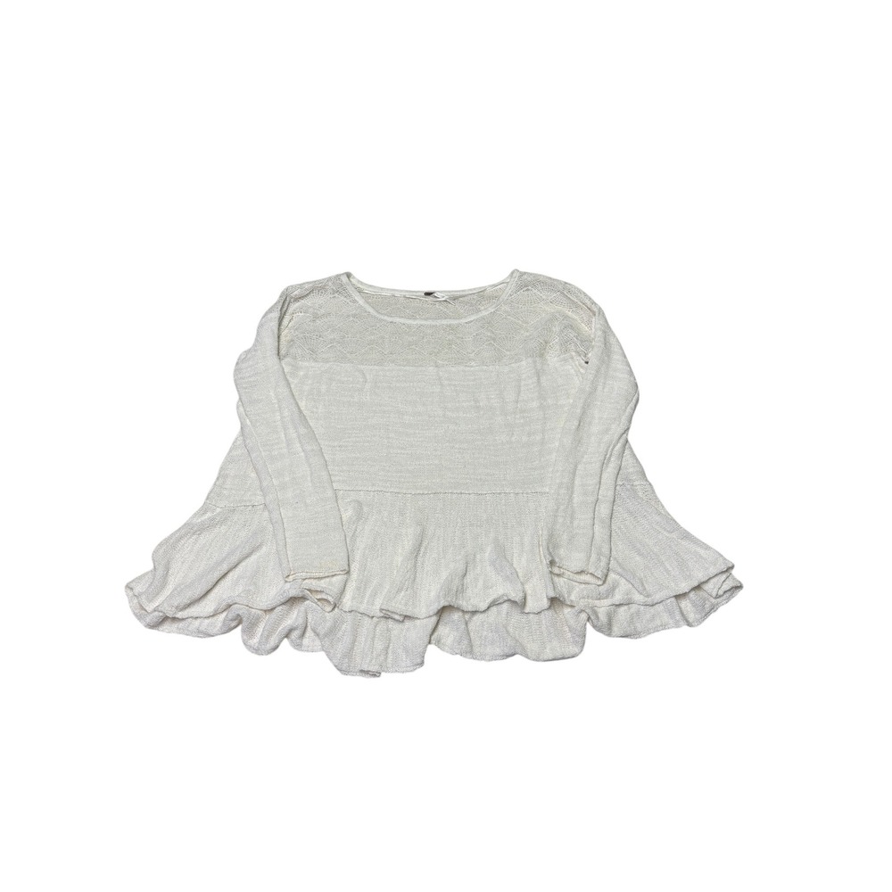 Free People Ivory Lace Yoke Peplum Knit Top Womens Medium Long Sleeve Cream